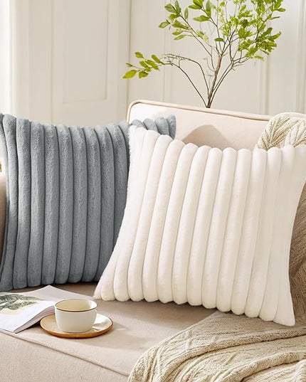 Pallene Faux Fur Plush Throw Pillow Covers 22x22 Set of 2, Luxury Soft Fluffy Striped Decorative Pillow Covers for Sofa, Couch, Living Room, Grey