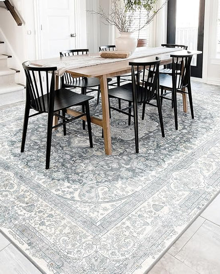 8x10 Area Rugs Washable,Grey Rug for Living Room Bedroom Dining Room,Large Boho Vintage Bohemian Distressed Carpet Non Slip,Floral