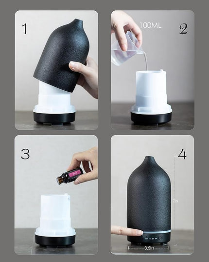 Essential Oil Diffuser,Handcrafted Ceramic Diffuser for Home,Ultrasonic Cool Mist Air Diffuser, 9 Colors Night Light with Timer (Black)