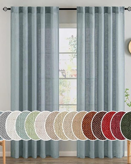 MIULEE Dusty Blue Linen Curtains 84 Inch Length 2 Panels for Bedroom Living Room, Soft Thick Linen Textured Window Drapes Semi Sheer Light Filtering Back Tab Rod Pocket Burlap Look, 37x84 Inches