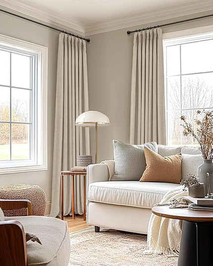 100% Blackout Shield Linen Look Textured Pinch Pleated Curtains Blackout Drapes 90 Inch Long 2 Panels Set, Faux Linen Blackout Curtains for Bedroom & Living Room, 40" W x 90" L, Oatmeal