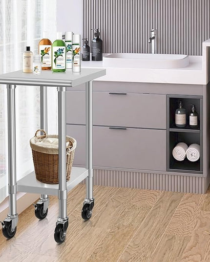 HARDURA Stainless Steel Commercial Table Prep & Work Table with Casters Heavy Duty Metal Table with Wheels NSF 430 24×18 Inches