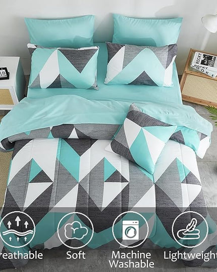 Bedbay Teal Comforter Set with Sheets Lightweight Summer Comforter Queen Size Bed in a Bag Geometric Chevron Bed Set Bedroom Decor Aesthetic Grey and Turquoise Down Comforter Set (Teal&Grey,Queen)