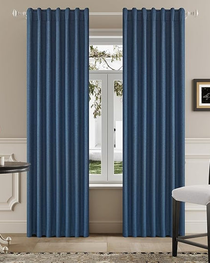 DUALIFE Full Blackout Blue Curtains 63 Inch Long Linen Textured Curtains Thermal Insulated Heat Blocking Noise Reducing Vintage Drapes for Nursery Bedroom Rod Pocket&Back Tab 2 Panels 50W x 63L