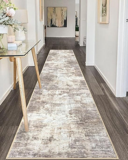 IOHOUZE Abstract Runner Rug 2x10 Ft Washable Runners for Hallways, Non Slip Kitchen Runner Printed Faux Wool Entryway Runner Indoor, Modern Abstract Floor Carpet for Hall Kitchen, Beige Brown