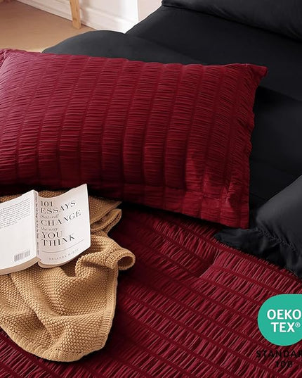 MUXHOMO 7 Pieces California King Comforter Set, Seersucker Bed in a Bag Cal King Size, All Season Luxury Bedding Set with Comforter, Flat Sheet, Fitted Sheet, Pillowcases & Shams, Red & Black