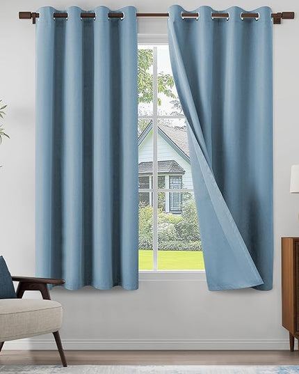 100% Blackout Linen Textured Curtains for Children's Room, Bedroom, Light Weight Curtains with Grommets Top, Full Blackout Curtains Privacy Protection, Light Blue, 52" W x 63" L, 2 Panels