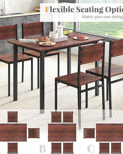 Giantex Dining Table Set for 4, 5-Piece Kitchen Table Set with Dinner Table, Dining Chairs, Metal Frame, Space-Saving Dinette Set for Living Room Restaurant, Breakfast Nook Table Set (Walnut)