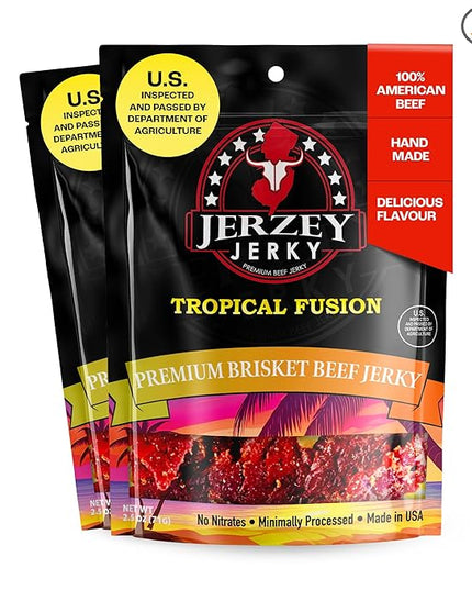 Jerzey Jerky Tropical Fusion Brisket Jerky 2.5oz (2 Pack) – High Protein, Gluten Free and Healthy Beef Snacks with Rich, Authentic Flavor