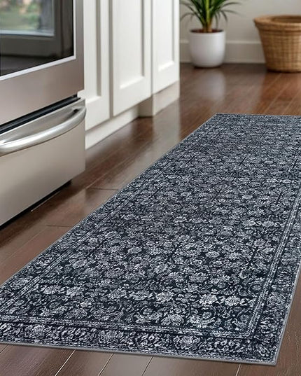 2x5 Washable Runner Rug Black Small Area Rugs for Entryway, Soft Non-Slip Indoor Door Mat Distressed Floral Low-Pile Neutral Vintage Carpet for Entrance Kitchen Bedside Farmhouse