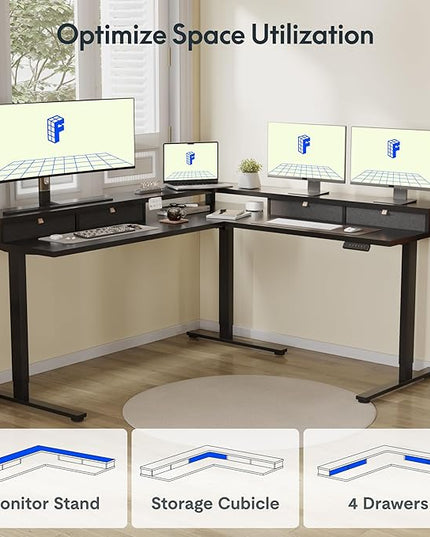 FLEXISPOT 71" Large L Shaped Standing Desk Electric Corner Table with Shelf, 4 Storage Drawers, Adjustable Computer Workstation for Home, Office, Game, Studio, Black Top + Black Frame