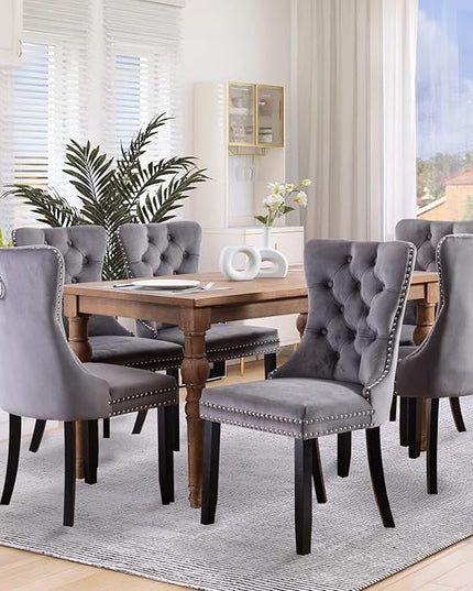 SoarFlash Velvet Dining Chairs Set of 6, Tall Back Side Chair, Modern Upholstered High-end Tufted Side Chair with Button Back Ring, Solid Wood Legs (Gray)