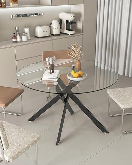 47.24" Round Glass Dining Table Modern Kitchen Glass Top Table for 6 with Black Metal Legs, Clear Dining Table Kitchen Table for Home Office Dining Room