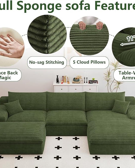 107" Cloud Couch Modular Sectional Sofa for Living Room, U-Shape Boneless Couch with Deep Seat, Modern Corduroy 3-Seater with Ottoman, No Assembly Required (Green,Right-Facing Chaise)