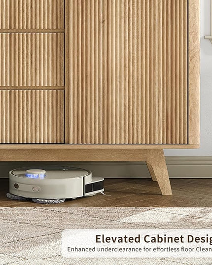 62" W Fluted Buffet Cabinet with Sliding Doors, Modern Sideboard Storage Cabinet with Power Outlet & 3 Drawers, Mid-Century Coffee Bar Table for Living Room, Dinning Room, Natural