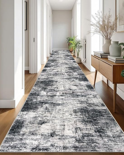 IOHOUZE Abstract Runner Rug 3x20 Ft Extra Long Washable Runners for Hallways, Non Slip Kitchen Runner Printed Faux Wool Entryway Runner Indoor, Modern Abstract Floor Carpet for Hall Stair, Black Grey