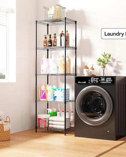 5 Tiers Shelf Metal Storage Shelves Wire Rack Closet Organizers with Wheel for Garage Kitchen Bathroom Laundry Black 11.8" D x 17.7" W x 55" H