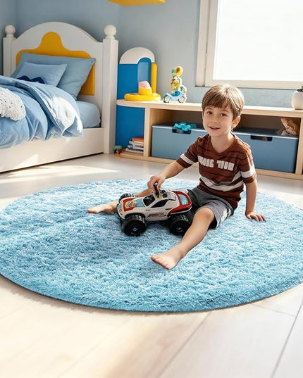 Ophanie Round Rug 4Ft Light Blue Circle Area Rugs, Fluffy Fuzzy Small Bedroom Carpet 4 Foot, Plush Shag Floor Living Room Christmas Circular Aesthetic Home Decor for Kids Teen Boys Baby, Nursery