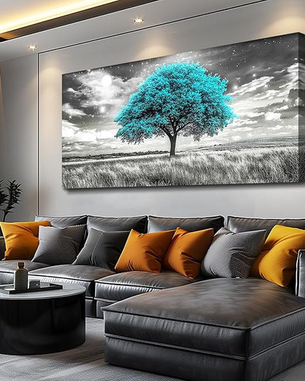 KELIYUAN Blue Tree Wall Artist Decorated Painting Full Of Stars Black And White Oil Painting Modern Print Canvas Aesthetics Living Room Decoration Bedroom Bathroom Office Wall Decoration 24 X 48 In