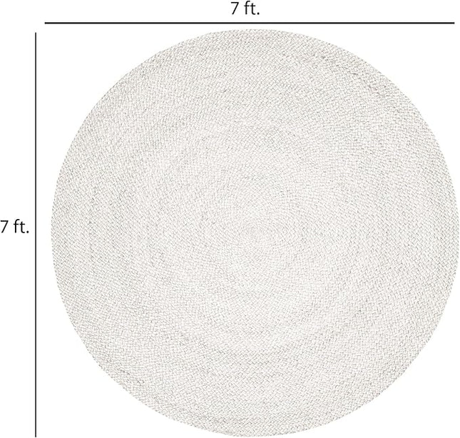 FRELISH DECOR Handwoven Jute Area Rug - Off-White Round Rustic Vintage Braided Reversible Rug - Eco Friendly Rug for Bedroom - Kitchen - Living Room - Farmhouse (7' Round - Off-White)