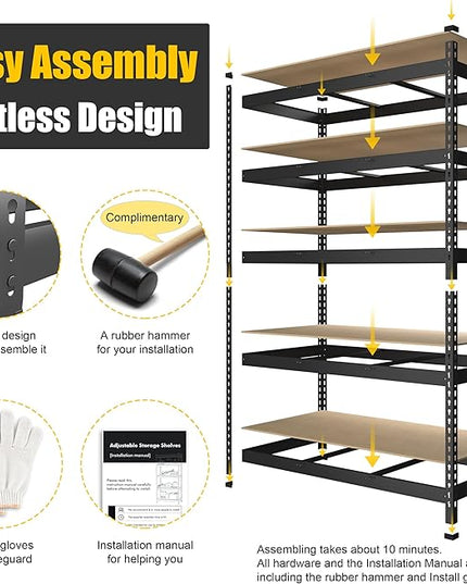 PrimeZone 4 Pack Heavy Duty Adjustable 5 Tier Garage Storage Shelves - 47" W x 18" D x 71" H, Metal Utility Rack Shelf Unit for Warehouse, Pantry, Closet, Kitchen, Black