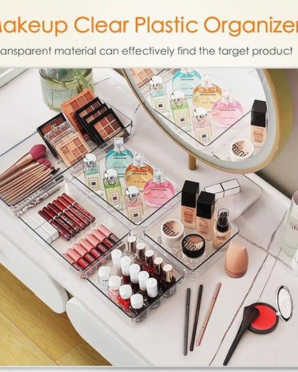 Criusia Drawer Organizer, 10 Pack Large Clear Plast Set, 3 Size Versatile Bathroom and Vanity Organizer Trays, Storage Bins for Makeup, Bedroom, Kitchen Utensils