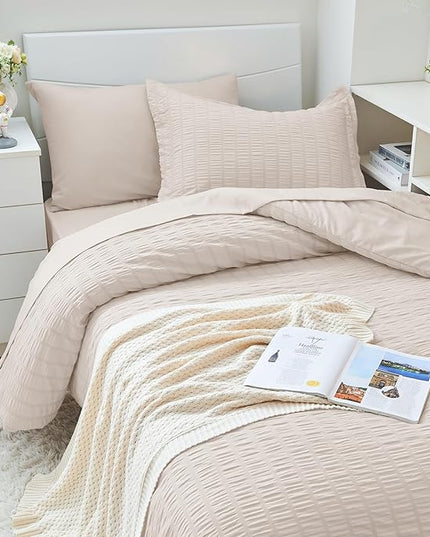 HYMOKEGE Beige Twin XL Comforter Set Seersucker 5 Pieces, All Season Luxury Bed in a Bag for Bedroom, Bedding Set with Comforter, Sheets, Pillowcase & Sham