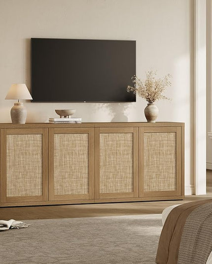SICOTAS Rattan TV Stand for 65 70 inch TV - Large Entertainment Center TV Consoles for Living Room Bedroom, Farmhouse Television Stands with Storage Cabinet Boho Modular Media Console, Amber Oak