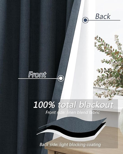 Guken 100% Blackout Linen Curtains 108 Inch Length 2 Panels Set for Living Room Bedroom Back Tab Thermal Insulated Black Out Linen Drapes Room Darkening Window Curtains,Vintage Blue