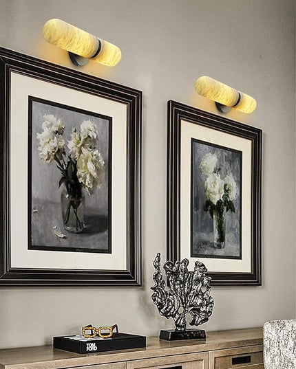 Alabaster Wall Sconces Set of Two, 13in Black Alabaster Sconce, Modern Spanish Natural Marble Sconces Lights, Sconces for Bathroom Vanity Bedroom Living Room Staircases Hallway