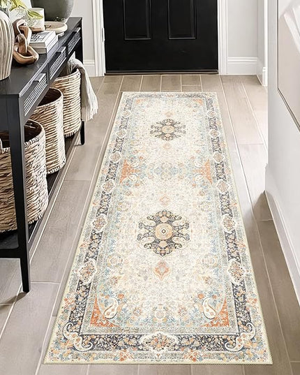 Washable Runner Rug 2x6,Vintage Rug Runners Non Slip,Long Boho Rugs for Hallways Kitchen Bedroom Entryway Living Room Bathroom,Bohemian Distressed Floor Carpet,Retro Blue Grey Floral