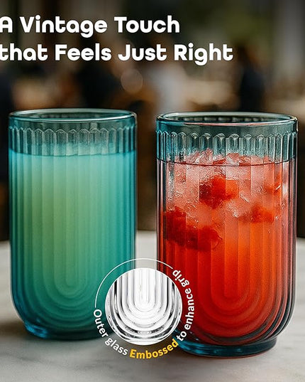 Glaver's Vintage Glassware Art Deco Glasse Ribbed Drinking Glasses U-Shape Arch Design Colored Cocktail Kitchen Tumblers Everyday Dinner Decorative Party, Blue (Blue S/4 17oz)
