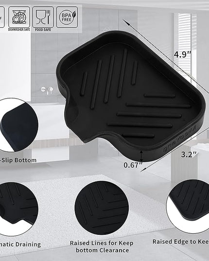 Silicone Bathroom Soap Dishes with Drain Spout-Bathroom and Kitchen Sink Organizer,Sponge Holder,Dish Soap Tray,Perfect for Dispenser,Scrubber,Bottle,Cup on Sink or Counter-Black 4.9"×3.2"