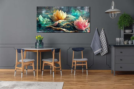 Lotus Flower Wall Art for Living Room, Floral Canvas Picture Print for Bedroom, Vintage Artwork Decor for Home, Stretched and Framed Ready to Hang, Size 48x24 Inches