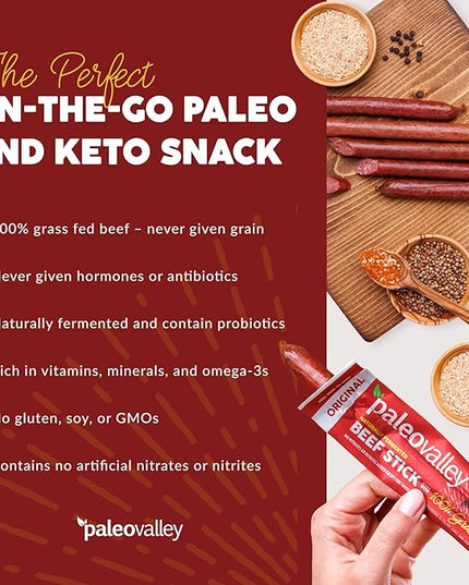 Paleovalley 100% Grass Fed Original Beef Sticks - Delicious Gluten Free Beef Snack - High Protein Keto Friendly