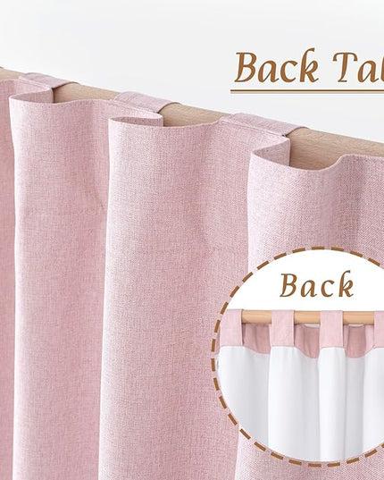 LAMIT 100% Blackout Linen Curtains 63 Inches Long, Linen Textured Living Room Farmhouse Curtains Full Room Darkening Back Tab and Rod Pocket Panels with White Liner, 2 Panels, Pink, 60 x 63 Inch