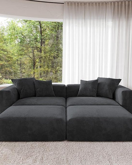 JACH Sectional Couches for Living Room, Modern Modular Sectional Couch with Chaise Ottomans, Cushion Covers Removable, Corduroy Sofa Bed for Living Room, Apartment, Office (Black)