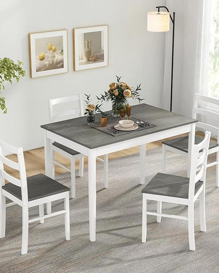 Tangkula Dining Table Set for 4, Farmhouse Solid Wood Dinette Set w/Rubber Wood Legs, Compact Wooden Dining Table and Chairs Set for Kitchen, Dining Room (Grey+White)