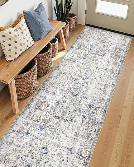 jinchan Kalen Runner Rug 2x8 Washable Hallway Rug Vintage Runner Indoor Floor Cover Thin Retro Distressed Floral Country Non Slip Carpet for Entryway Bathroom Kitchen Bedroom Living Room Stairway Blue