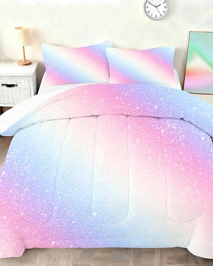 Colorful Gradient Bedding Set for Kids Girls Teens Women Full Size Tie Dye Pastel Comforter Set Stars Gradient Glitter Bedding Comforter Set Watercolor Art Girly Quilt Set Sweet Bedroom Decor