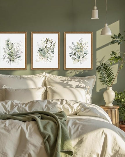 WRFON Watercolor Botanical Wall Art Set of 3 Boho Sage Green Wildflower Canvas Wall Art Prints Modern Floral Wall Decor for Bedroom Living Room Bathroom Decorations Wood Framed 12x16 Inches