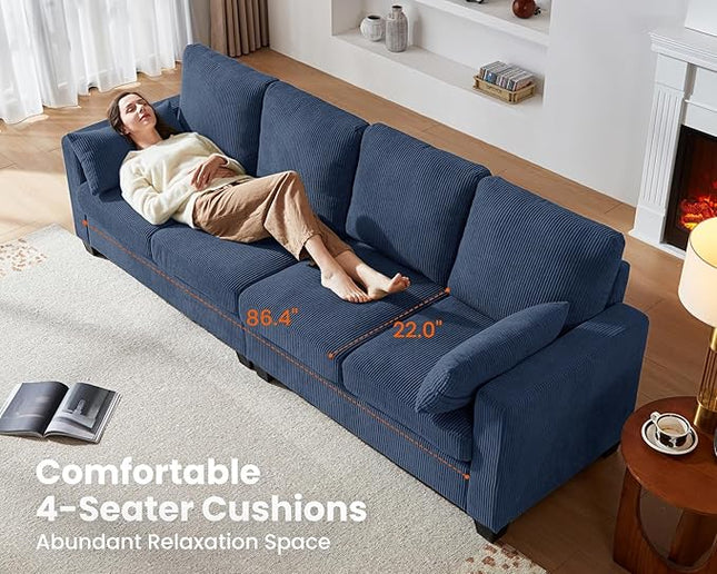 CHIC HOUSE Corduroy Modular Sectional Couch with Ottoman Chaise, L/U Shaped Sleeper Sofa for Living Room, Apartment, Lounge, Modern Armrest Neck Support Furniture (5 Seater Sectional, Navy Blue)