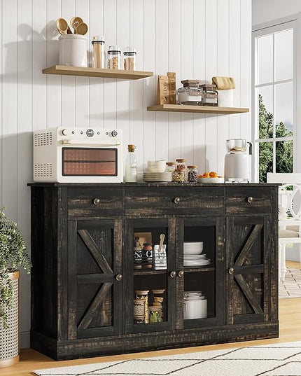4 EVER WINNER 55" Coffee Bar with 4 Glass Doors and 3 Drawers, Sideboard Buffet Cabinet with Storage, Farmhouse Coffee Bar Cabinet with Adjustable Shelves for Kitchen, Dining Room, Rustic Oak