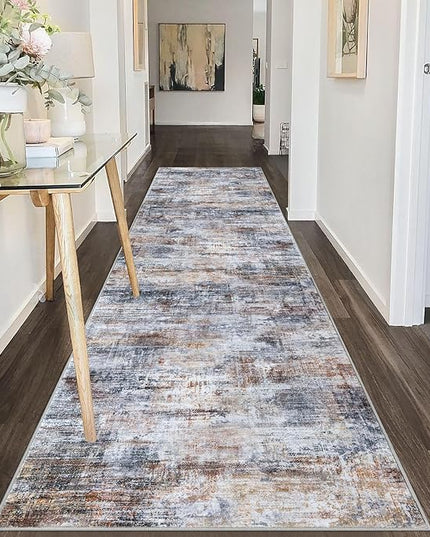 IOHOUZE Abstract Runner Rug 3x10 Ft Washable Runners for Hallways, Non Slip Kitchen Runner Printed Faux Wool Entryway Runner Indoor, Modern Abstract Floor Carpet for Hall Bedroom, Orange Grey