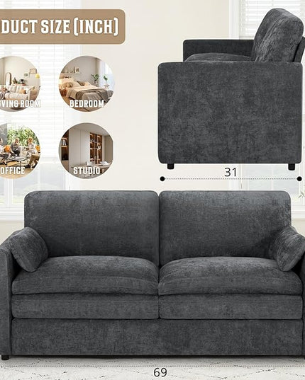 69" Chenille Modern Couch with Cozy & Soft Backrests, 2 Seats Sofa with 2 Extra Pillows, Comfy Upholstered Sofa with Thicker Cushions for Living Room, Office, Grey