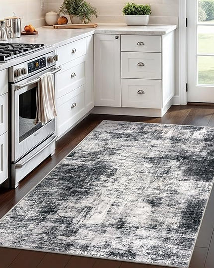 IOHOUZE Abstract Area Rug 4x6 Ft Washable Rugs for Entryway Indoor, Non Slip Small Living Room Rugs Printed Faux Wool Throw Rug, Floor Carpet for Kitchen Nursery Playroom, Black Grey