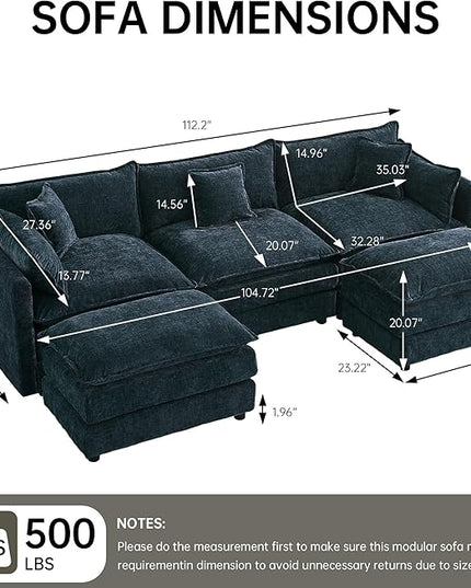 Modular Sectional Sofa, 112.2 Inch U Shaped Couch Set with Armrests, 3-Seater Comfy Cloud Couches with Movable Ottoman for Living Room Apartment, Blue