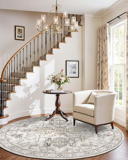 jinchan Round Rug 6ft Area Rug Vintage Floor Mat Kitchen Indoor Ultra-Thin Soft Floral Print Washable Circle 6' Accent for Farmhouse Non Slip Dining Room Living Room Bedroom Office Taupe