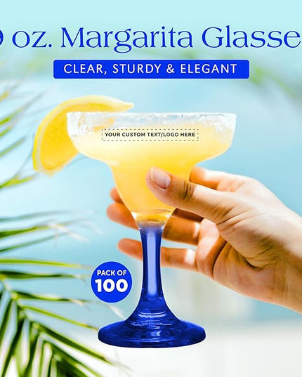 DISCOUNT PROMOS 100 Margarita Glasses Set, 9 oz. - Personalized Text, Logo - Classic, Smooth, Barware, Glassware - Blue