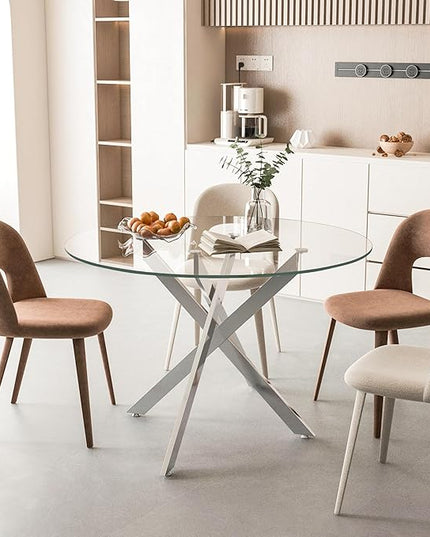 47.24" Round Glass Dining Table Modern Kitchen Glass Top Table for 6 with Silver Metal Legs, Clear Dining Table Kitchen Table for Home Office Dining Room